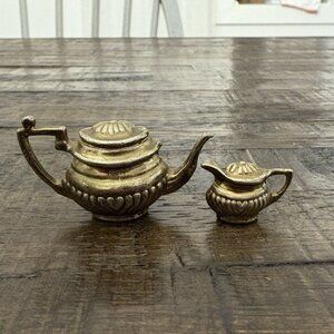 Metal Mini Teapot Set Golden Colored Trinket Knick Knack